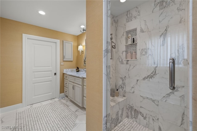 26628 Hickory Blvd, Bonita Springs, FL 34134 - full bathroom featuring vanity, a marble finish shower, marble look tile flooring, and recessed lighting