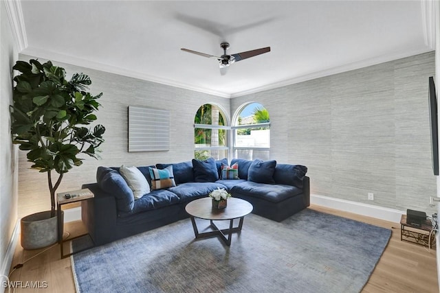 27571 Riverbank Dr, Bonita Springs, FL 34134 - living area featuring ornamental molding, ceiling fan, wood finished floors, and baseboards