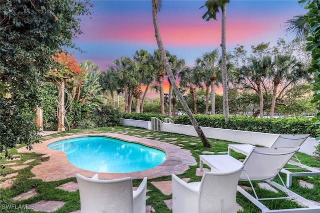 27571 Riverbank Dr, Bonita Springs, FL 34134 - pool at dusk with an outdoor pool and fence