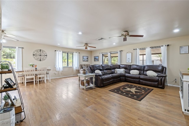 310 Trader Rd, Fort Denaud, FL 33935 - living area with light wood-style flooring, recessed lighting, baseboards, visible vents, and a ceiling fan