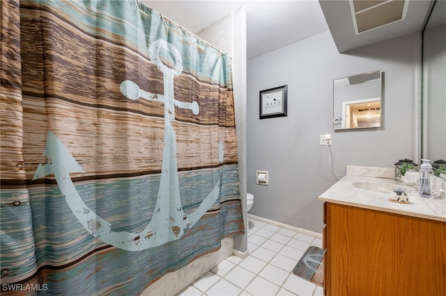 310 Trader Rd, Fort Denaud, FL 33935 - full bath with a shower with shower curtain, toilet, vanity, tile patterned flooring, and baseboards