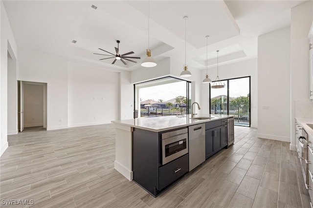 kitchen with a sink, a raised ceiling, light wood-style floors, light countertops, and appliances with stainless steel finishes