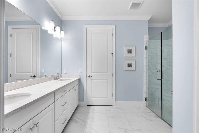 3260 Miyagi Ln, Naples, FL 34114 - bathroom with marble finish floor, visible vents, ornamental molding, and a shower stall