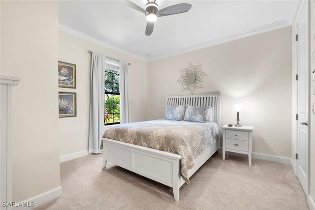 3260 Miyagi Ln, Naples, FL 34114 - bedroom featuring baseboards, ornamental molding, ceiling fan, and light colored carpet