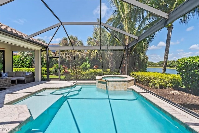3260 Miyagi Ln, Naples, FL 34114 - view of pool with an outdoor hangout area, a lanai, a water view, a pool with connected hot tub, and a patio area