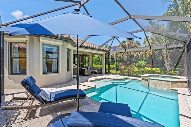 3260 Miyagi Ln, Naples, FL 34114 - view of pool featuring an outdoor hangout area, a pool with connected hot tub, a lanai, and a patio area
