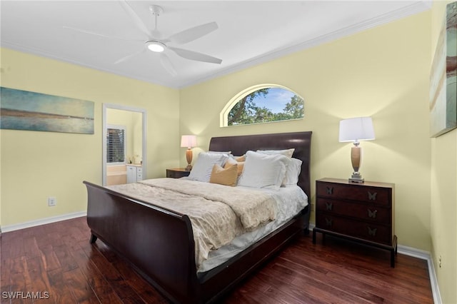 bedroom with wood finished floors, ornamental molding, baseboards, ceiling fan, and ensuite bathroom