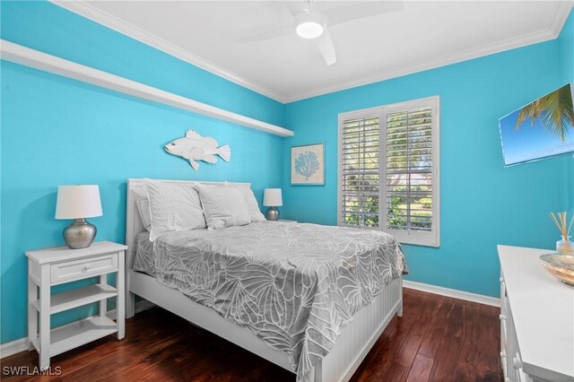 bedroom featuring wood-type flooring, baseboards, crown molding, and ceiling fan