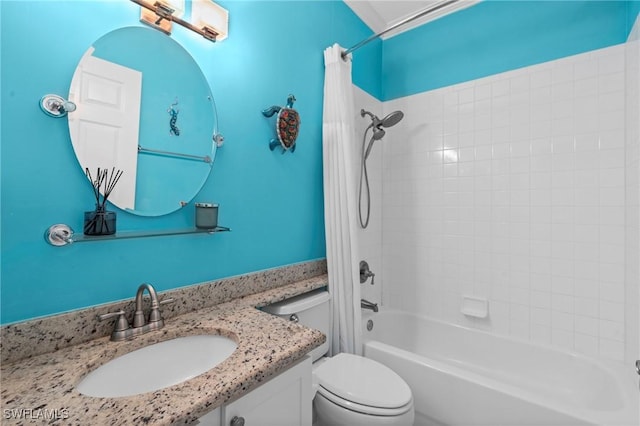 bathroom featuring vanity, shower / bathtub combination with curtain, and toilet