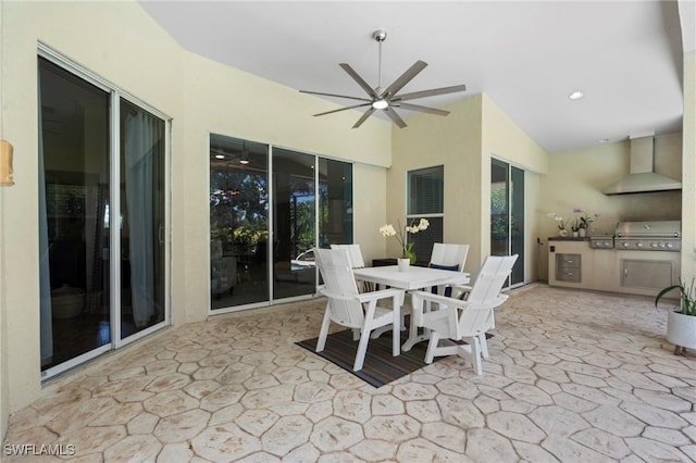 dining room with recessed lighting, stone finish floor, lofted ceiling, and a ceiling fan