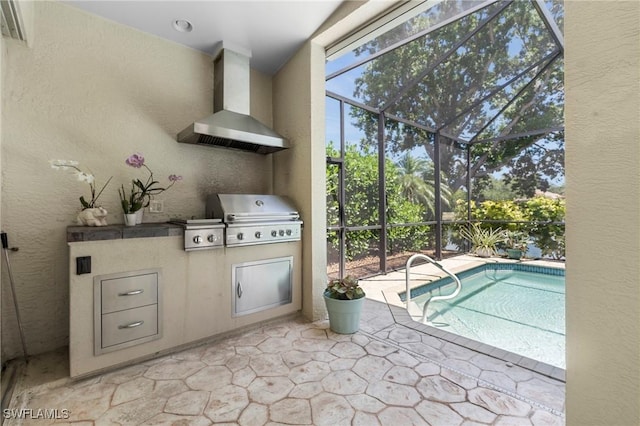 pool with a lanai, area for grilling, and a patio