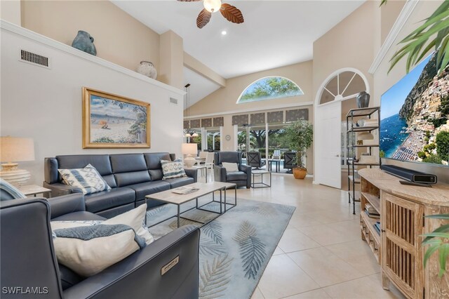 172 Via Napoli, Naples, FL 34105 - living area featuring a ceiling fan, a high ceiling, tile patterned flooring, and recessed lighting