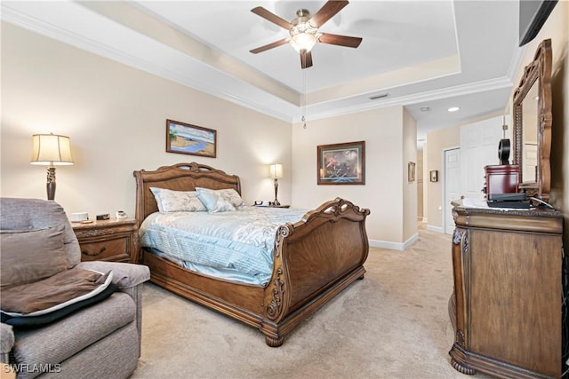 10644 Pelican Preserve Blvd # 101, Fort Myers, FL 33913 - bedroom with a tray ceiling, crown molding, baseboards, light colored carpet, and visible vents