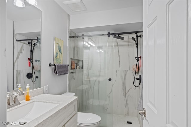 bathroom with toilet, vanity, a marble finish shower, and visible vents