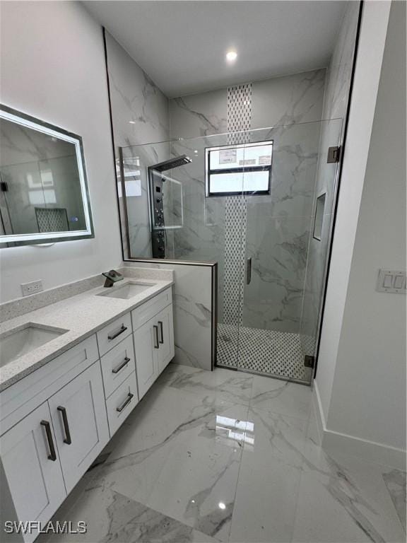1173 Ebers St E, Lehigh Acres, FL 33974 - full bath featuring double vanity, marble finish floor, a sink, and a marble finish shower