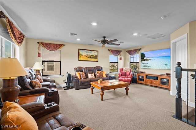 9435 Night Heron Ln, Naples, FL 34120 - carpeted living room featuring baseboards, visible vents, ceiling fan, and recessed lighting