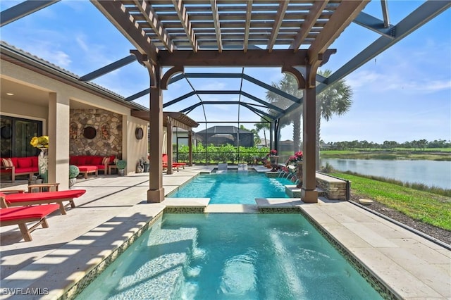 9435 Night Heron Ln, Naples, FL 34120 - view of pool with a pool with connected hot tub, a water view, and a patio