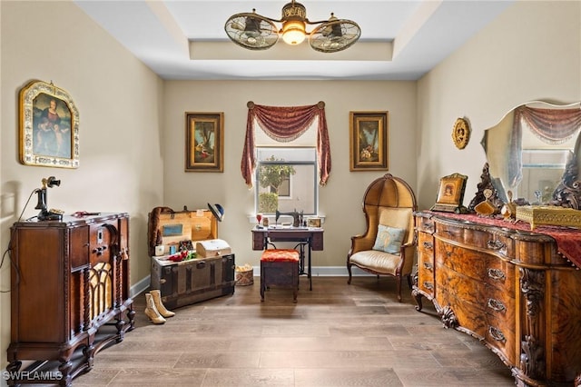 9435 Night Heron Ln, Naples, FL 34120 - living area featuring a tray ceiling, baseboards, and wood finished floors