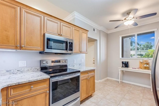 8251 Pathfinder Loop Unit 615, Fort Myers, FL 33919 - kitchen featuring stainless steel appliances, crown molding, ceiling fan, light stone counters, and light tile patterned floors