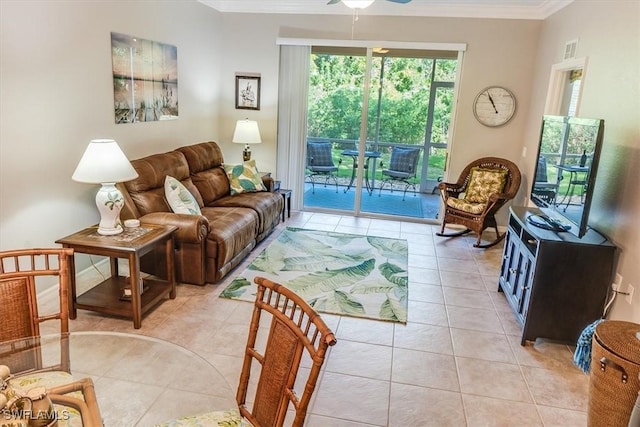 8251 Pathfinder Loop Unit 615, Fort Myers, FL 33919 - living room with light tile patterned floors, crown molding, plenty of natural light, and a ceiling fan