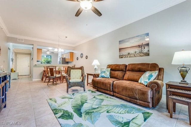 8251 Pathfinder Loop Unit 615, Fort Myers, FL 33919 - living area featuring ceiling fan, crown molding, and light tile patterned flooring