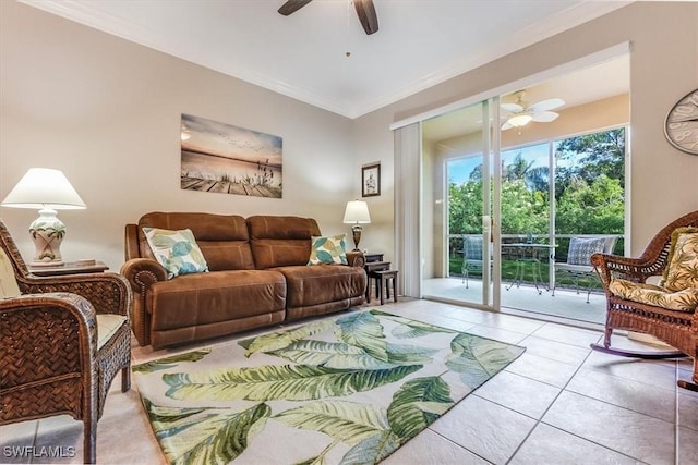 8251 Pathfinder Loop Unit 615, Fort Myers, FL 33919 - living room with a ceiling fan, tile patterned flooring, and ornamental molding