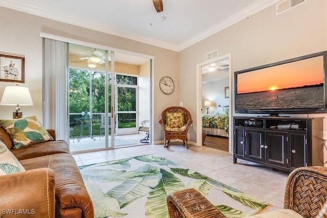 8251 Pathfinder Loop Unit 615, Fort Myers, FL 33919 - living area featuring ceiling fan, light tile patterned floors, and crown molding