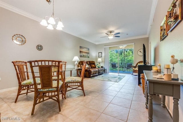 8251 Pathfinder Loop Unit 615, Fort Myers, FL 33919 - dining room featuring crown molding, a ceiling fan, light tile patterned floors, and a chandelier