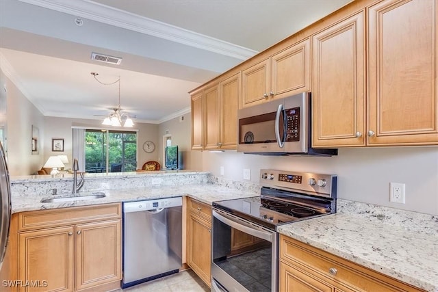 8251 Pathfinder Loop Unit 615, Fort Myers, FL 33919 - kitchen featuring appliances with stainless steel finishes, ornamental molding, light stone counters, a chandelier, and light brown cabinets