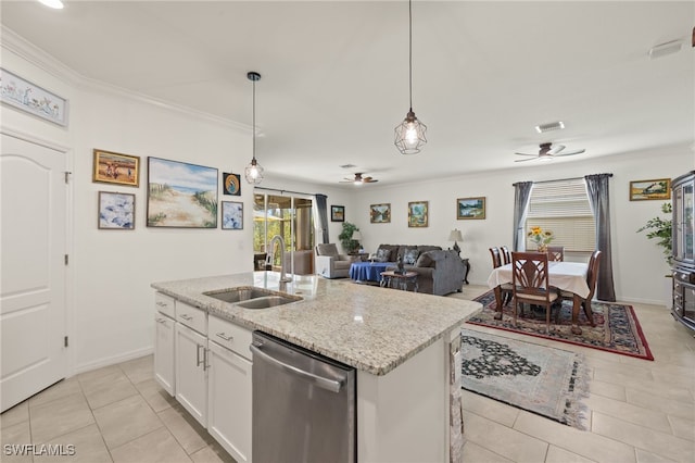 3657 Crimson Ln, Fort Myers, FL 33916 - kitchen featuring dishwasher, a sink, ceiling fan, ornamental molding, and light tile patterned floors
