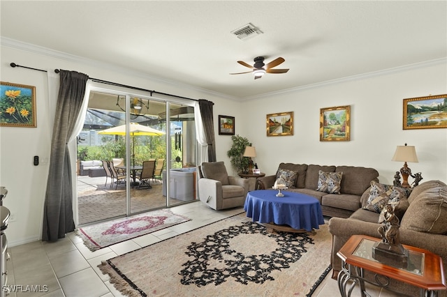 3657 Crimson Ln, Fort Myers, FL 33916 - living room with ornamental molding, ceiling fan, light tile patterned floors, and baseboards