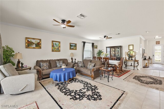 3657 Crimson Ln, Fort Myers, FL 33916 - living room with a ceiling fan, crown molding, and light tile patterned floors
