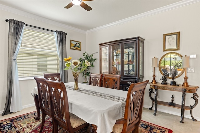 3657 Crimson Ln, Fort Myers, FL 33916 - dining area with a ceiling fan, ornamental molding, baseboards, and light tile patterned floors