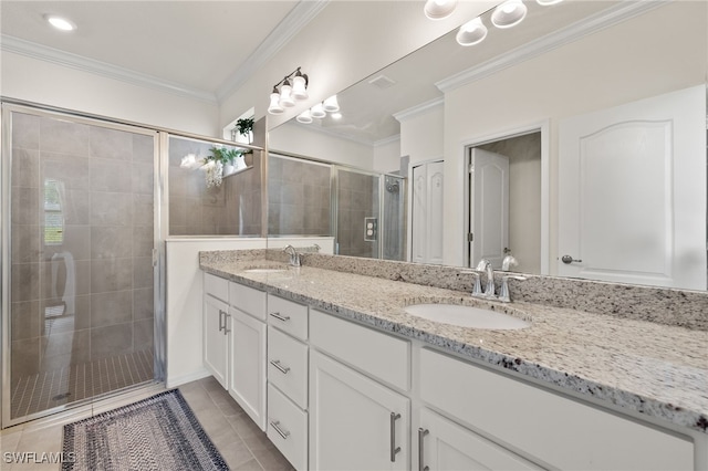 3657 Crimson Ln, Fort Myers, FL 33916 - bathroom featuring double vanity, a stall shower, ornamental molding, and tile patterned flooring