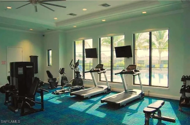 3657 Crimson Ln, Fort Myers, FL 33916 - gym with ceiling fan, ornamental molding, baseboards, carpet, and a tray ceiling