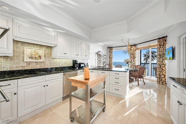 8171 Bay Colony Dr Unit 1902, Naples, FL 34108 - kitchen featuring dishwasher, tasteful backsplash, ornamental molding, white cabinetry, and black electric cooktop