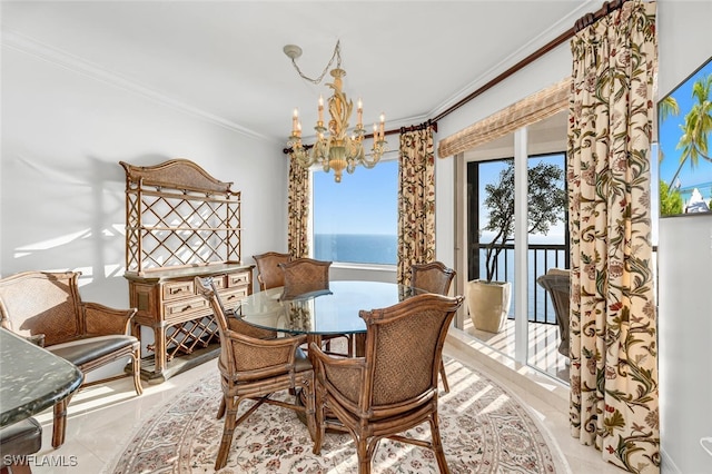 8171 Bay Colony Dr Unit 1902, Naples, FL 34108 - dining room with ornamental molding, a chandelier, plenty of natural light, and light tile patterned floors