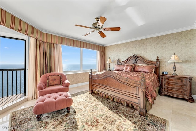 8171 Bay Colony Dr Unit 1902, Naples, FL 34108 - bedroom with a water view, crown molding, wallpapered walls, a ceiling fan, and baseboards