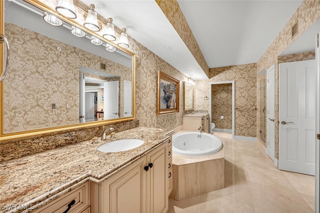8171 Bay Colony Dr Unit 1902, Naples, FL 34108 - bathroom featuring vanity, a tub with jets, a stall shower, wallpapered walls, and tile patterned flooring
