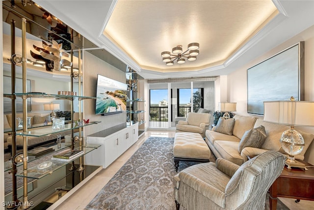 8171 Bay Colony Dr Unit 1902, Naples, FL 34108 - living room with a tray ceiling, a chandelier, and light tile patterned floors