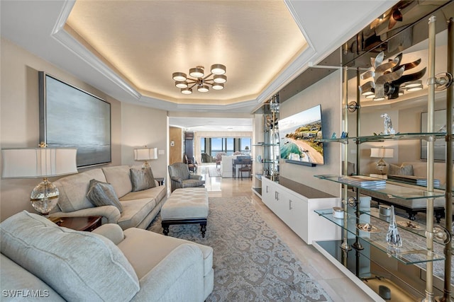 8171 Bay Colony Dr Unit 1902, Naples, FL 34108 - living area featuring a chandelier and a tray ceiling