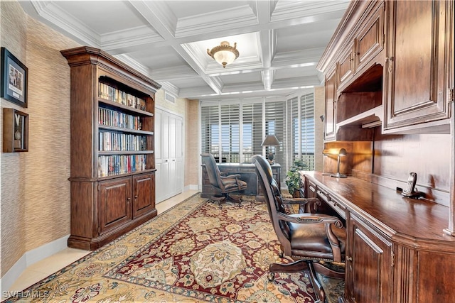 8171 Bay Colony Dr Unit 1902, Naples, FL 34108 - home office featuring wallpapered walls, coffered ceiling, baseboards, ornamental molding, and beamed ceiling