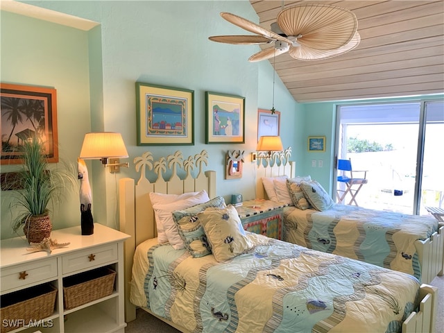 bedroom with access to outside, ceiling fan, wooden ceiling, and lofted ceiling