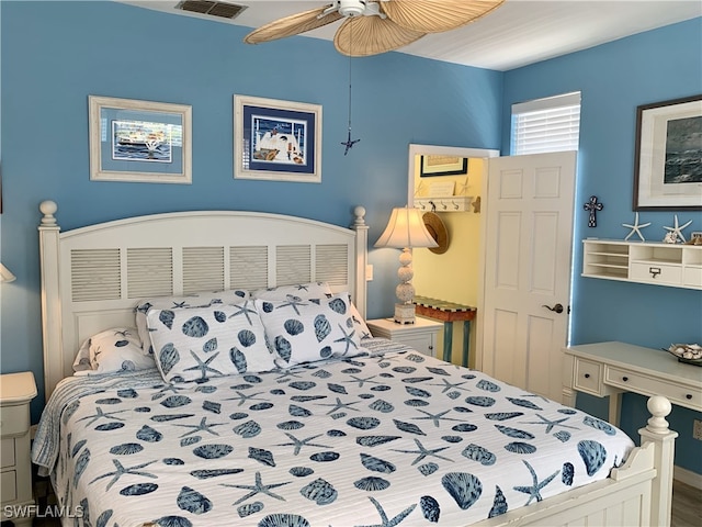 bedroom featuring ceiling fan and visible vents