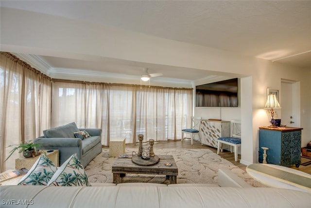 living area featuring crown molding, baseboards, a ceiling fan, and wood finished floors