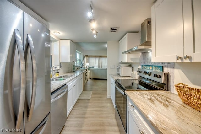 kitchen with wall chimney range hood, white cabinets, visible vents, a sink, and stainless steel appliances