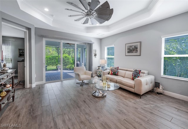 living area featuring ornamental molding, a raised ceiling, wood finished floors, and a ceiling fan