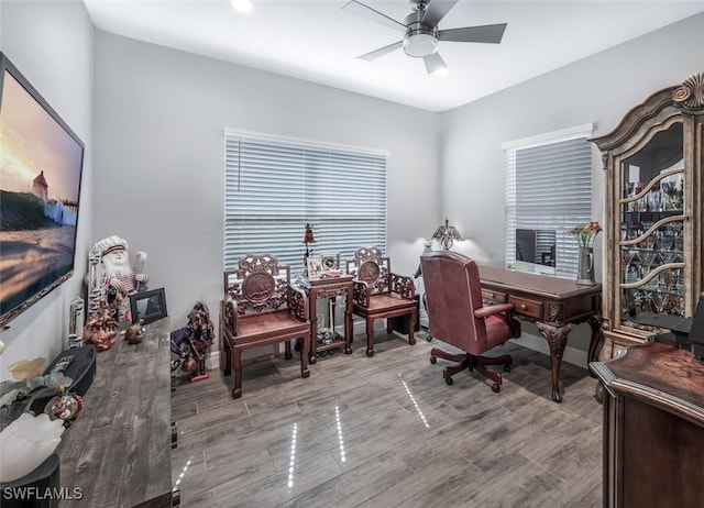 office area with wood finished floors, a ceiling fan, and recessed lighting