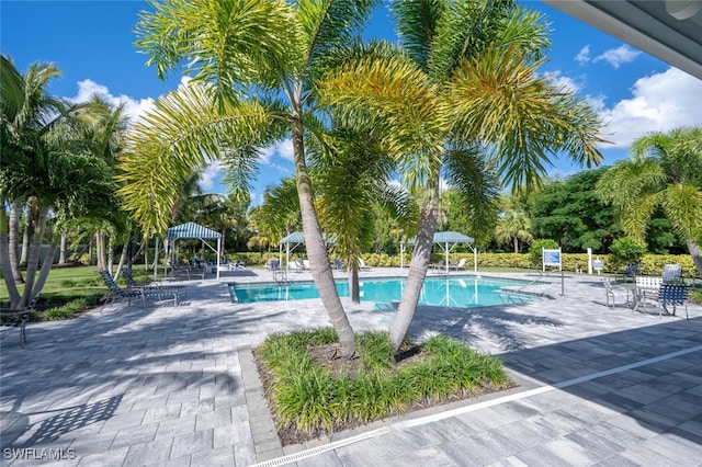pool with a patio area and a gazebo