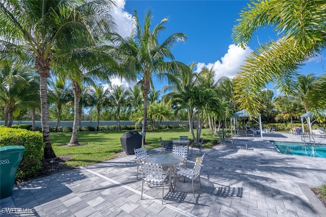 view of patio featuring fence, a grill, and a community pool